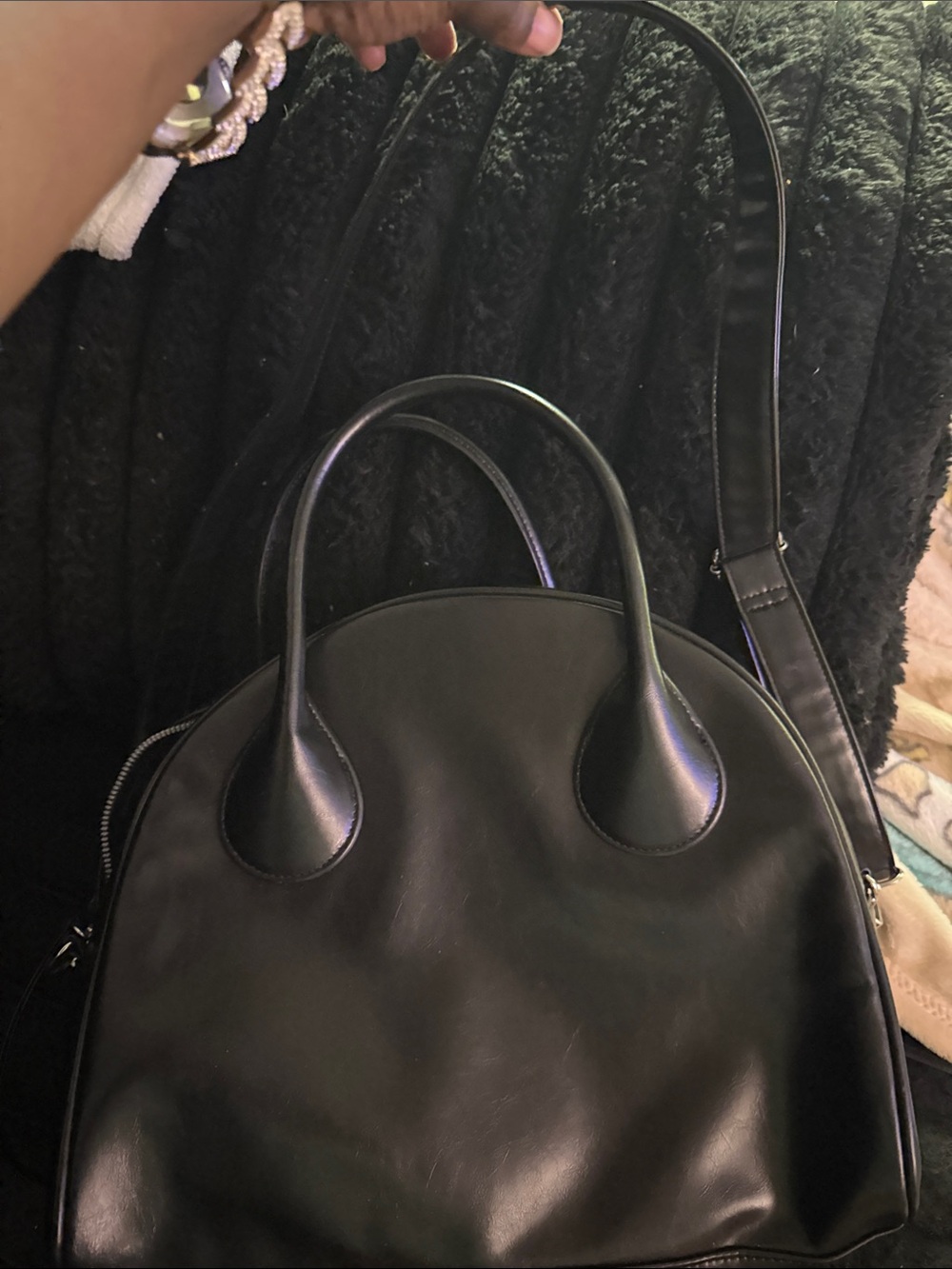 Classic Black Dome Satchel with Top Handles and Crossbody Strap